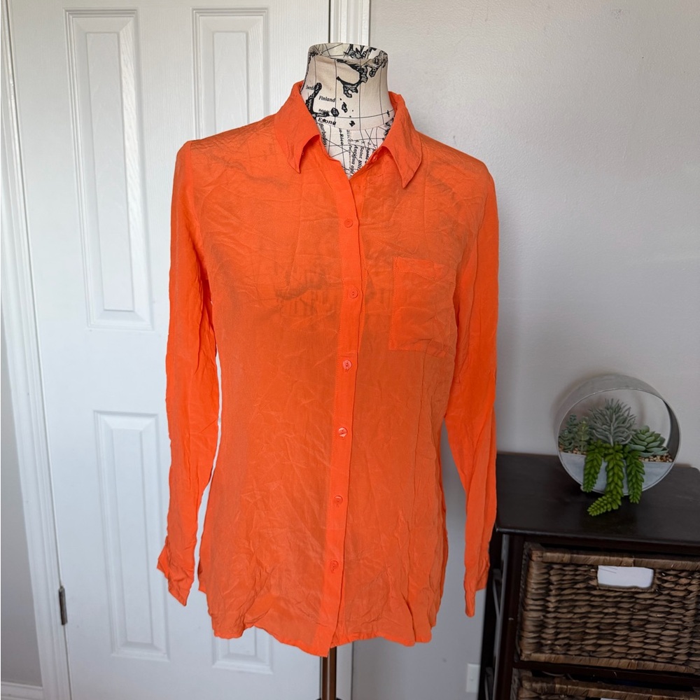 Worthington 100% Silk Vintage Vibrant Colorful Orange Button Blouse flashy M